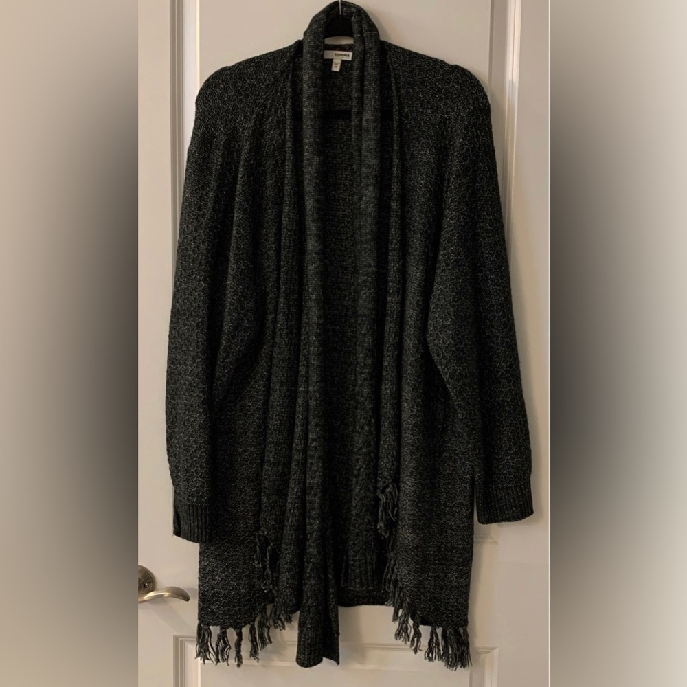 #106 - NWOT Sonoma BLACK MARLED Drape Front Open Cardigan w/Detachable Scarf, 3X
